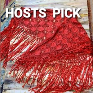 90s RIBBON Fringe Wrap RED Holiday Anthro Granny RARE HTF Shoulder Shawl Scarf